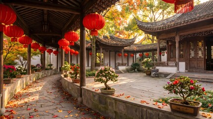 Obraz premium Traditional Asian Courtyard Decorated With Red Lanterns And Potted Trees