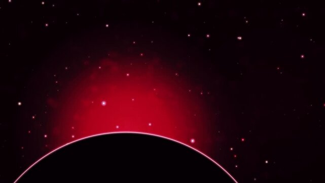 Futuristic crimson nova light pulsating over dark planet horizon with twinkling stars in abstract space motion