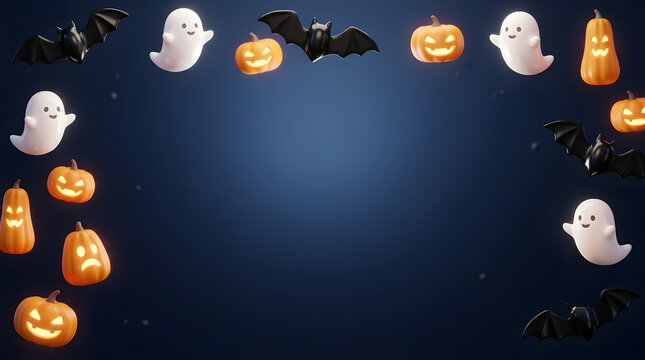 Cute 3D Halloween frame with floating ghosts pumpkins and black bats