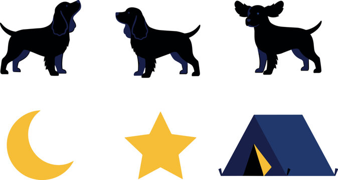 Cute Black Cocker Spaniel Dog Night Camping Vector Set Featuring Crescent Moon Star Tent And Puppy Silhouettes For Outdoor Adventure Graphics