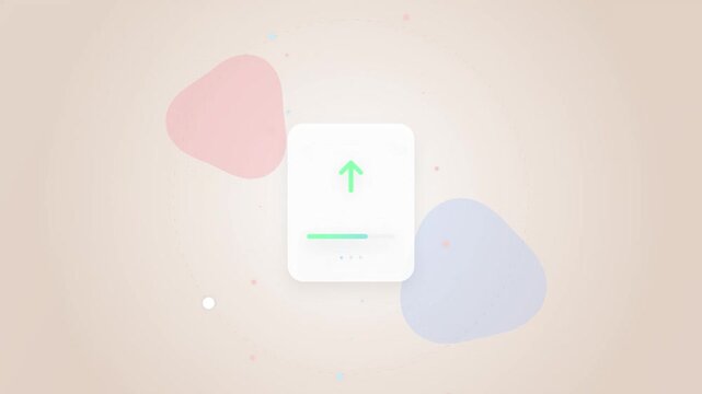 Loading Animation with Abstract Shapes: A simple, clean loading icon with an upward arrow and progress bar sits centrally, surrounded by soft, abstract pastel-colored blobs.