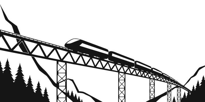 High-speed passenger train crossing steel bridge at dusk, black and white high-speed train steel truss