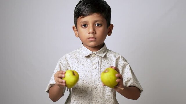 Indian boy holding fresh apples. Child choosing healthy fruit for a balanced diet.