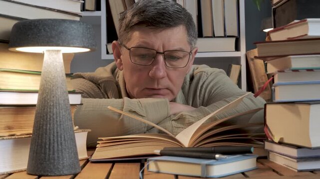Focused Mature Man Reading Book Surrounded by Library Collection at Home, thoughtful study scene with cozy lighting, literature, concentration, education and lifelong learning