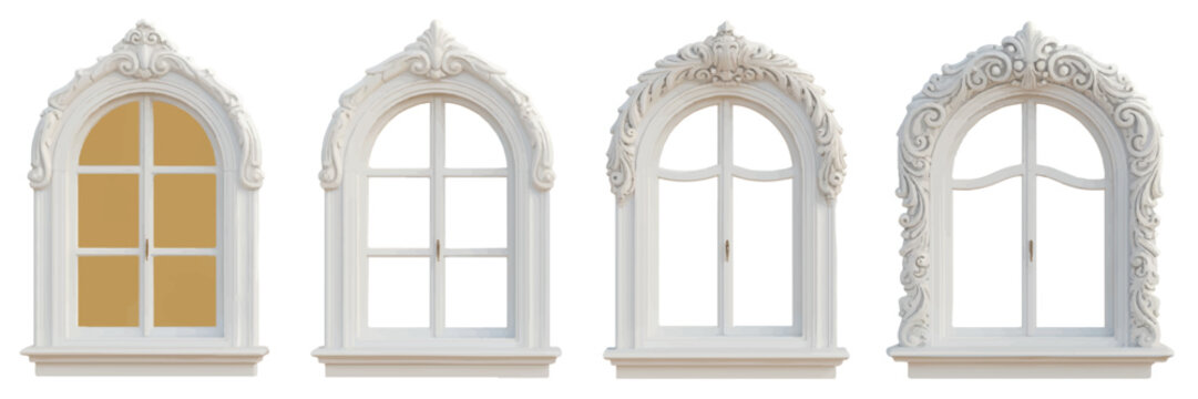 Ornate architectural window frames with decorative plaster moldings classic building elements unique facade details antique decorative elements detailed structure.