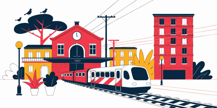 Urban railway station with red brick buildings, vintage steam train, and passengers luggage