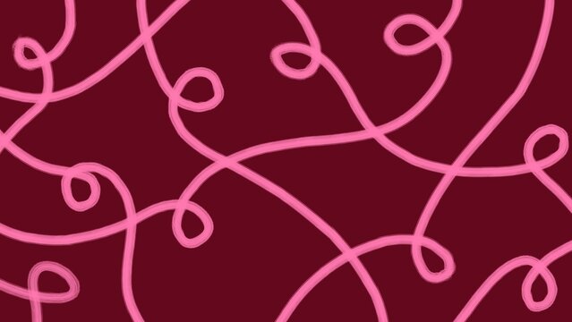 Pink Curly Doodle Lines Pattern on Burgundy Background, Groovy Maroon Abstract Squiggle Line Pattern Background for wallpapers, web banners, social media posts, packaging, and creative art layouts.