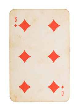  Old vintage Six of Diamonds playing card isolated on white.