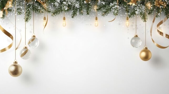 Elegant christmas holiday border featuring hanging gold ornaments and festive fir branches on white background