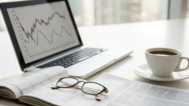 Workspace setup with a laptop showing financial charts, an open notebook with glasses, and a cup of coffee on a white desk.
