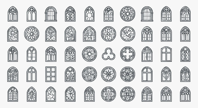 Modern Black and White Gothic Style Stained Glass Window Designs and Rose Window Patterns Illustrations