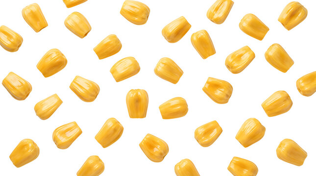 Many ripe yellow jackfruit bulbs scattered randomly on a clean white background, top view.