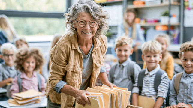 Teacher hands out homework assignments to a group of happy young school.