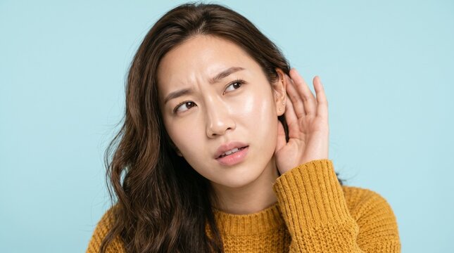 Young woman listening intently with hand to ear. Curious girl trying to hear a quiet sound.