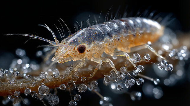 Extreme close-up of a transparent larval amphipod with water droplets