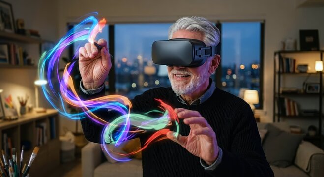 Senior man wearing VR headset painting with glowing colorful digital light brushes in modern living room, 3D illustration