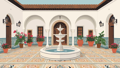 Fototapeta premium A beautiful and serene traditional Spanish or Moorish courtyard with a central fountain, ornate arches, patterned tiles, and vibrant potted plants.
