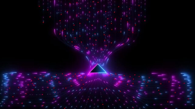 Abstract glowing orange arrow pointing upwards surrounded by flowing digital lines and particles on dark blue background 4k video...