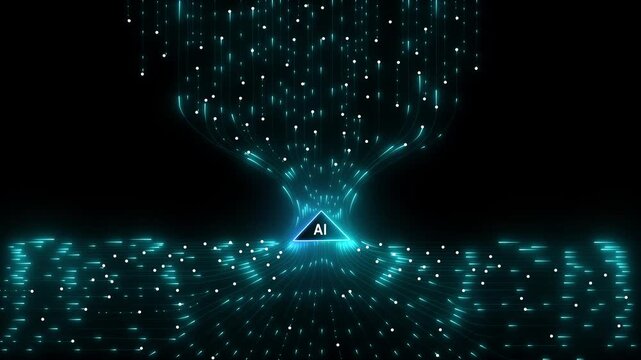 AI Abstract glowing orange arrow pointing upwards surrounded by flowing digital lines and particles on dark blue background 4k video...