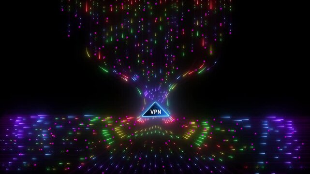 VPN Abstract glowing orange arrow pointing upwards surrounded by flowing digital lines and particles on dark blue background 4k video...