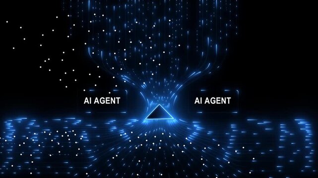 AI Agent Abstract glowing orange arrow pointing upwards surrounded by flowing digital lines and particles on dark blue background 4k video...