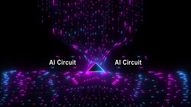 AI Circuit Abstract glowing orange arrow pointing upwards surrounded by flowing digital lines and particles on dark blue background 4k video...