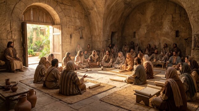 Jesus Christ preaches to early Christian disciples and apostles sitting on straw mats with parchment scrolls inside an ancient vaulted stone hall illuminated by sunlight.