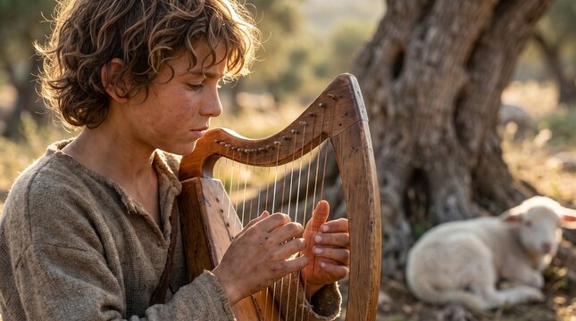 Young David the shepherd boy attentively plucks strings of a wooden harp outdoors near a sleeping lamb in soft warm golden sunlight.