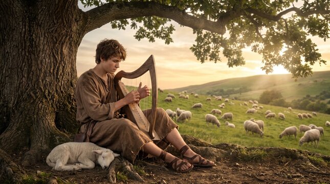 Young David the shepherd boy plays a harp while leaning against an ancient tree trunk in a hillside pasture with grazing sheep at sunset.