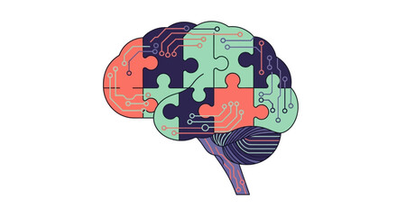 Fototapeta premium Human Brain Puzzle with Electronic Circuit Board Pattern, Digital Mind and Artificial Intelligence Concept Vector Illustration