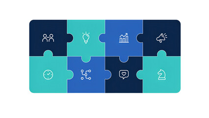 Fototapeta premium Business puzzle infographic with 8 pieces. Corporate strategy jigsaw concept. Blue and teal marketing icons for data visualization.