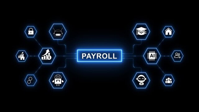 Payroll Management System Interface with AI Powered Workforce Automation Employee Compensation Processing and Digital Human Resources Network Animation
