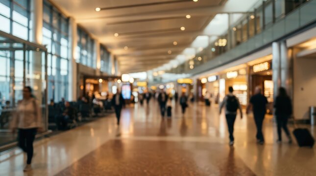 Blurred airport terminal interior busy travel hub passenger hall departure lounge modern transport station bokeh background