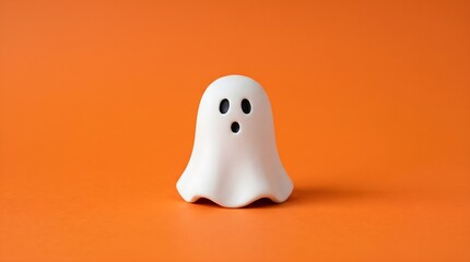 Fototapeta premium A cute little ghost figurine isolated on a bright orange background for a fun and spooky halloween holiday season decoration concept