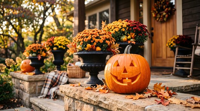 Festive halloween front porch decoration featuring a carved jack o lantern pumpkin surrounded by autumn flowers and fallen leaves in residential setting
