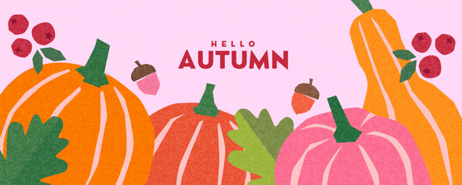Modern Autumn banner or horizontal poster with pumpkins, autumn leaves, berries, and acorns in trendy vector cut out style. Designed for greeting cards, posters, seasonal branding, packaging