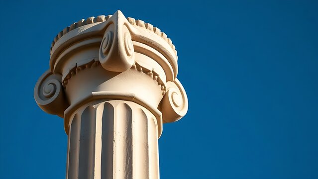 Weathered Ionic column capital with volute against blue sky, history and architecture concept