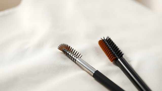 Two eyebrow styling tools with sparse and dense bristles on fabric, brow grooming and beauty routine concept