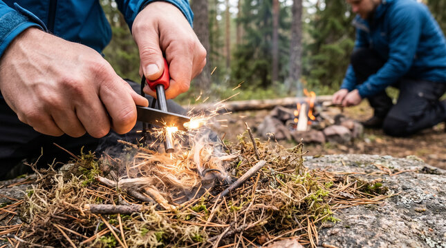 Man creating spark while starting fire in forest during camping  