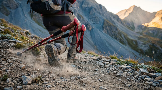 Hiker walking on rocky trail with trekking poles in mountain landscape  
