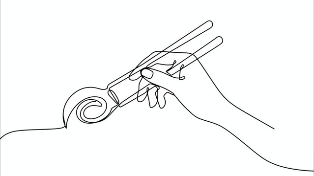 A minimalist line drawing features a hand holding chopsticks delicately grasping a piece of sushi..
