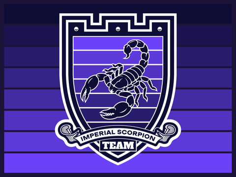 Vector emblem sports imperial scorpion team. Purple shield and ribbon. Sticker or label. Dangerous terrible arthropod. Poisonous bite. Violet decal. Arachnid animal. Cyber sport