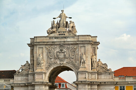 Close-Up View of the Triumphal Architecture and Sculptures of Rua Augusta Arch in Lisbon Portugal