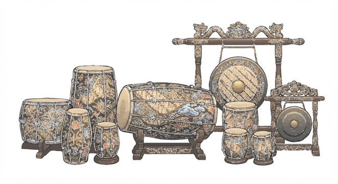 Traditional Indonesian Musical Instruments Set Kendang Gong Gamelan Vector Illustration