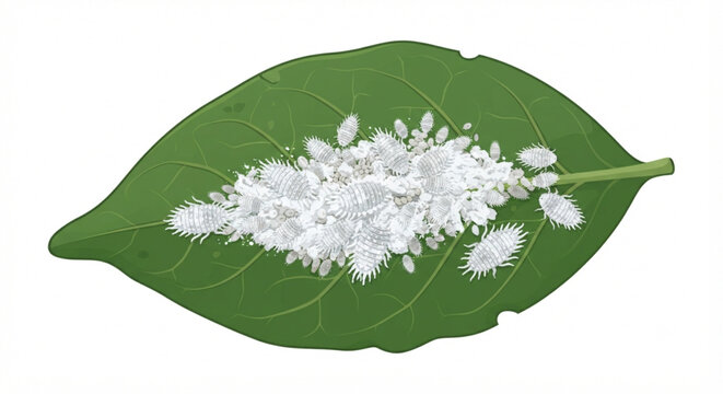 illustration of mealybugs infesting a green leaf
