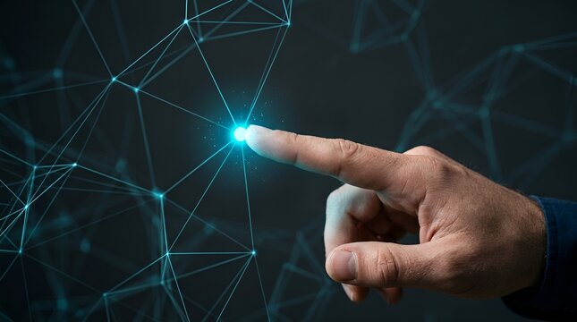 Digital network connection with human hand touching glowing blue data point, futuristic technology interface, global communication and artificial intelligence concept