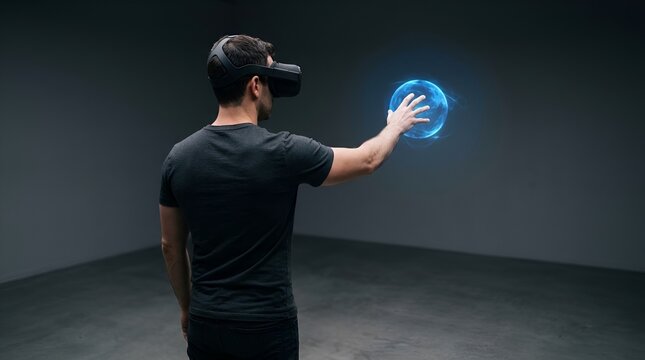 Futuristic virtual reality experience, man wearing VR headset interacting with glowing blue digital globe, immersive metaverse technology concept