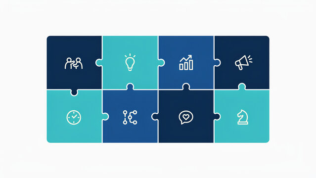 Business infographic puzzle with 8 steps, blue jigsaw pieces with icons, corporate strategy and teamwork concept diagram