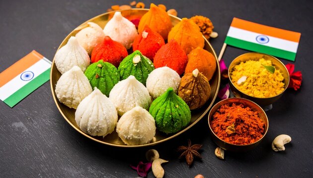 Plate of colorful indian modak sweets with national flags celebrating ganesh chaturthi festival chaturthi celebration
