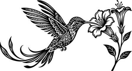 Silhouette hummingbird sipping nectar from vibrant flower on white background in tattoo style illustration © Rear Collection